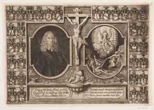 Gregers Friis naar Ålstrup en Christus aan het kruis en de Opstanding van Christus. Omgeven door wapenschilden