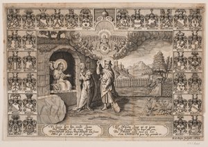 Titelblad voor lijkrede over Ida Langs met voorstelling van Christus als tuinman en Maria Magdalena door Hans Andreas Greys