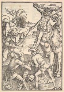 De kruisoprichting (verso: De kruisoprichting, uit Speculum Passionis Domini)