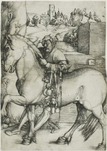 Een stalknecht die een paard opzadelt door Hans Baldung Grien