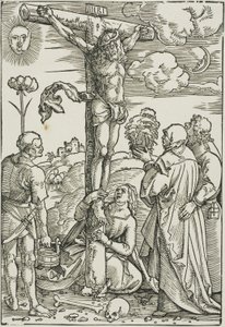 Christus aan het kruis met Maria, Johannes, de Magdalena en Stefanus door Hans Baldung Grien