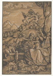 Maria met kind met acht engeltjes in een landschap door Hans Baldung Grien