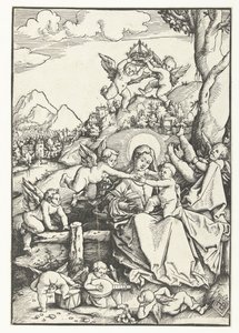Maria met kind met acht engeltjes in een landschap door Hans Baldung Grien