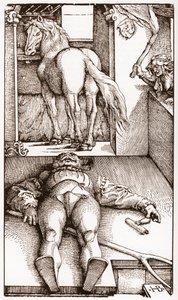De betoverde palefrenier - (Slapende stalknecht en tovenares) houtsnede door Hans Baldung Grien (1485-1544) circa 1544 door Hans Baldung Grien