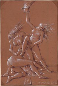 Nieuwjaarsgroet met drie naakte heksen door Hans Baldung Grien