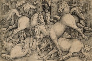 Wilde paarden vechten door Hans Baldung Grien