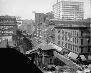 Verhoogde spoorweg, Wabash Avenue, Chicago, Illinois, ca.1900-10 door Hans Behm