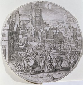 Januari, buren vieren Driekoningen op het marktplein van Bergen, uit een set van twaalf 