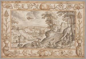 Landschap met het offer van Isaac binnen een decoratieve rand van planten en dieren