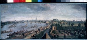 De geneugten van het platteland, scène van een wandeling langs de rivier, een dorpsbal, picknick en buitenspelen. door Hans Bol