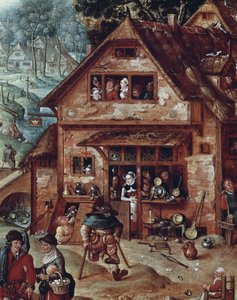 Taverne, detail van dorpsscène, schilderij door Hans Bol (1534-1593)