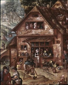 Uitzicht op het dorp met burleske scènes. Detail van de taverne