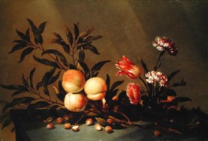 Stilleven met perziken en bloemen