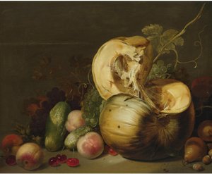 Stilleven met een pompoen, perziken, druiven, kersen en ander fruit