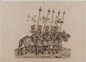 De triomf van keizer Maximiliaan I: Eenenvijftigste bord, deelnemers aan de Rennen door Hans Burgkmair