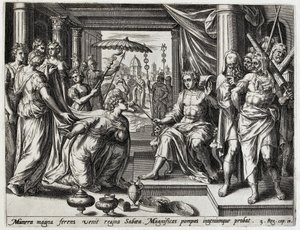 Salomo ontvangt de koningin van Seba door Hans Collaert (I) (attributed to)