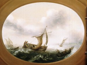 Nederlandse vissersboten gevangen in een grote bries, een kleinere boot, zeilen naar beneden, rechts, met vissers die de netten trekken