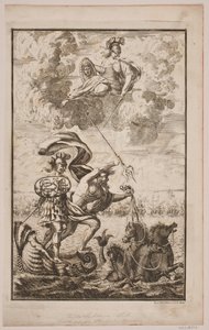 Neptunus over de zee. Titelblad voor Fontenay, "Søe-Evolution"; Kopenhagen 1743 door Hans Henrich Christian Ulrich
