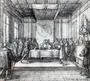 Hendrik VIII in zijn privévertrek (pen, inkt en was op papier) door Hans Holbein der Jüngere