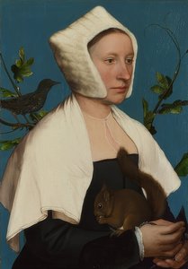 Dame met eekhoorn en spreeuw (Anne Lovell?) door Hans Holbein der Jüngere