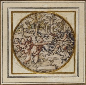 Diana en Actaeon - Ontwerp voor een hanger of hoedenspeld, ca. 1532-43 door Hans Holbein der Jüngere