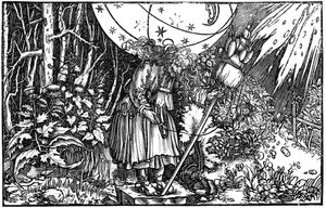 Oude vrouw heks of fee aan het spinnen, 1547 door Hans Holbein der Jüngere