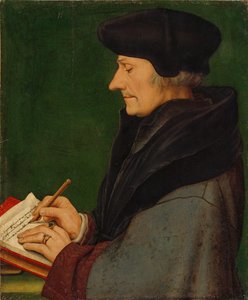 Portret van Erasmus van Rotterdam schrijvend