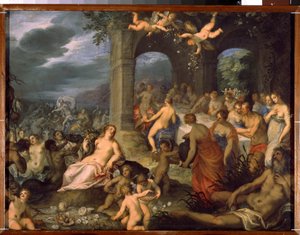 Het feest van de goden, het huwelijk van Peleus en Thetis door Hans I or Johann Rottenhammer