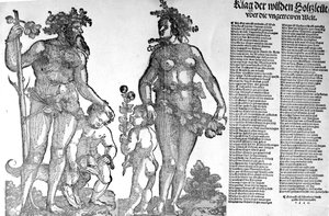 Pamflet over de terugtrekking van de wilde mannen uit de bossen uit een wereld die ten slechte is veranderd, houtsnede gemaakt door Hans Guldenmundt, 1545 door Hans Leonard Schaufelein