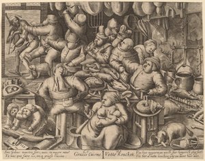 De vette keuken door Hans Liefrinck I, after Pieter van der Heyden, after Pieter Bruegel the Elder