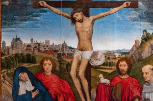 Gekruisigde Christus met de Maagd, St. Johannes de Doper en de Evangelist, Maria Magdalena en twee cisterciënzer abten (detail) door Hans Memling
