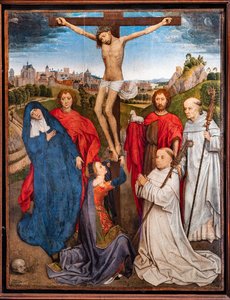 Gekruisigde Christus met de Maagd, Sint Johannes de Doper en de Evangelist, Maria Magdalena en twee cisterciënzer abten door Hans Memling
