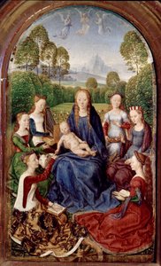 Diptiek van Jean du Cellier: Maagd en zes heiligen door Hans Memling