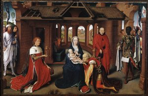 De Wijzen als Karel de Stoute en Filips de Goede. Centraal paneel van de Aanbidding der Wijzen door Hans Memling
