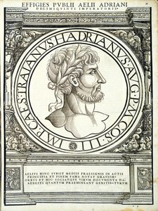 Aelius Hadrianus, illustratie uit Imperatorum romanorum omnium orientalium et occidentalium verissimae imagines ex antiquis numismatis, houtsnede door Rudolph Wyssenbach, gedrukt door Andreas Gesner, Zürich door Hans Rudolf Manuel Deutsch