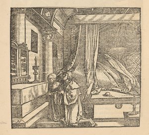 Twee biddende mensen in een slaapkamer door Hans Schäufelein (possibly)