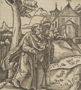 Een oude pelgrim die naar rechts loopt, uit Hymmelwagen auff dem, wer wol leeft... door Hans Schäufelein the Elder