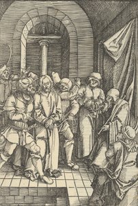 Christus voor Annas, uit Speculum passionis domini nostri Ihesu Christi, 1507 door Hans Schäufelein the Elder
