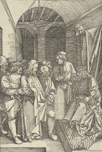 Christus voor Herodes in een zaal, uit Speculum passionis domini nostri Ihesu Christi door Hans Schäufelein the Elder
