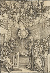 De auteur schrijft de Layenspiegel, De Drie-eenheid en de Maagd in het bovenste midden, 1511 door Hans Schäufelein the Elder