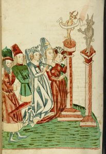 Een groep mannen en vrouwen aanbidt twee afgoden, 1469
