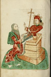 De tronende Josafat in gesprek met de knielende Theodas