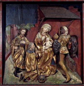Aanbidding der Wijzen. Reliëf op gepolychromeerd verguld hout door Hans Schuechlin (1440-1505) door Hans Schüchlin