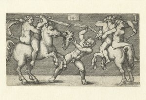 Gevecht tussen twee mannen met vrouwen te paard en een staande man door Hans Sebald Beham