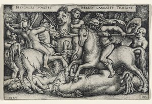 Hercules Vecht tegen de Trojanen, 1545 (gravure op geschept papier) door Hans Sebald Beham