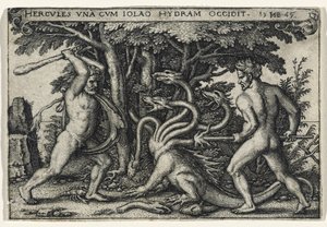 Hercules Doodt de Hydra, 1545 (gravure op geschept papier) door Hans Sebald Beham