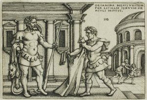 Lichas die het kleed van Nessus naar Hercules brengt, uit De werken van Hercules door Hans Sebald Beham
