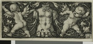 Ornament met wapenrusting en twee genii, uit Vier Vignetten door Hans Sebald Beham