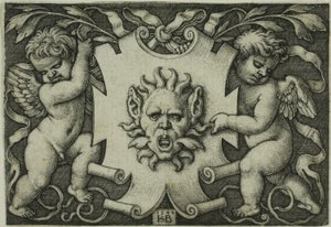 Ornament met een Masker Gehouden door Twee Genii door Hans Sebald Beham