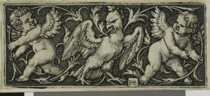 Ornament met een adelaar en twee genii, uit Vier Vignetten